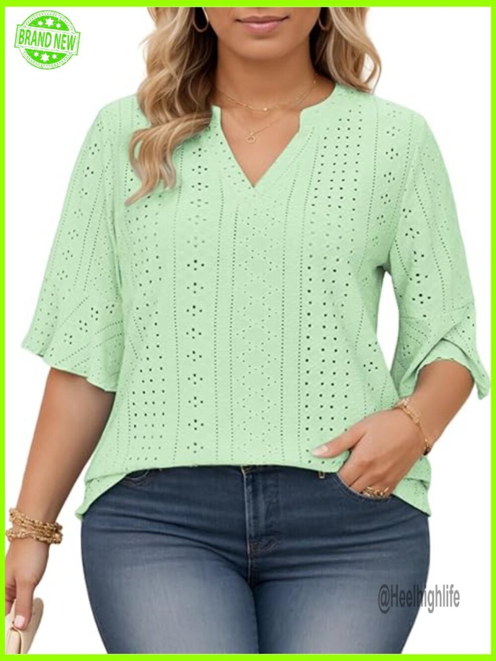 Plus Size V-Neck Tunic Top with Ruffle Sleeves, Eyelet Blouse, Loose Fit